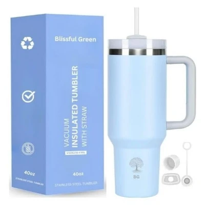 Image of Blissful Green 40oz Tumbler with Straw, Lid, Vacuum Insulated, Double Walled, Re uasble Stainless Steel, Travel Mug Handle, Coffee, Hot Cold Drinks (Royal Blue)