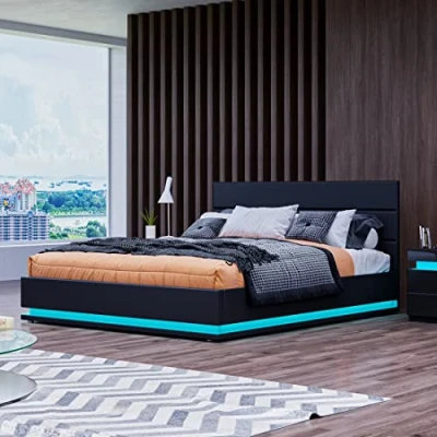 Image of Ottoman Storage Bed Upholstered 4ft Gas Lift with LED Lights Faux Leather Frame Under Small Double Bedroom Furniture Black