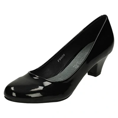 Image of Ladies Spot On Low Heeled Patent Court Shoes F9809 Black Size 6