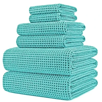 Image of POLYTE Microfibre Oversize, 76 x 152 cm, Quick Dry Lint Free Bath Towel Set, 6 Piece (Aqua, Waffle Weave)