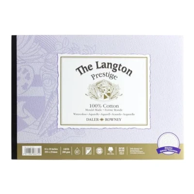 Image of Daler Rowney The Langton Prestige Watercolour Paper, Rough, 300 gsm, 140lb, Pad, Glued 4 Sides, 14 x 10in 35.6 25.4 cm, Natural White, 12 Sheets
