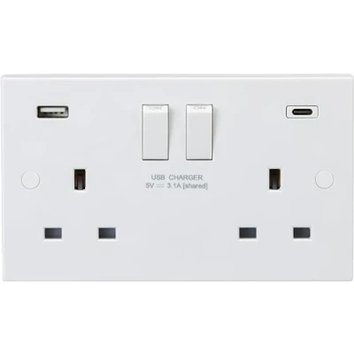 Image of KnightsBridge 13A 2G DP Square Edge Switched Socket with Dual USB A+C