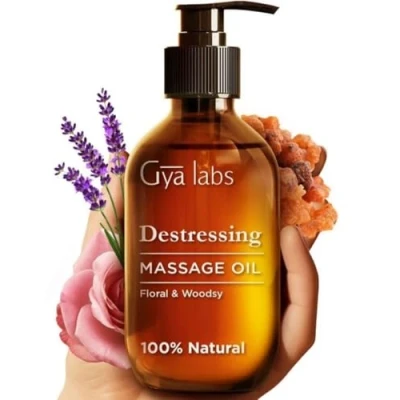 Image of Gya Labs Destressing Massage Oil for Sore Muscles Spa Quality Muscle Warming Body Men &amp; Women 100% Natural (200 ml)