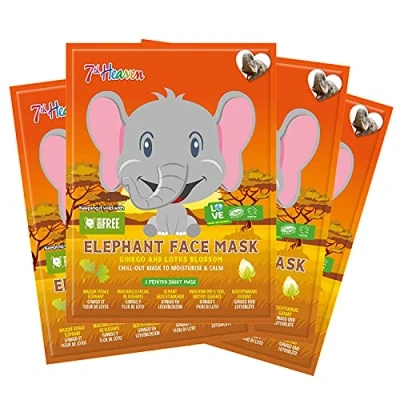 Image of 7th Heaven Born Free Elephant Sheet Face Mask Multipack (Pack of 4) with Lotus Blossom to Moisturise and Calm Skin (Ages 8+)