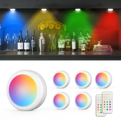 Image of Moman 6 Pack Under Cabinet Lights, 13 Changing Colors LED Puck Lights with Remote Control, Dimmable Battery Operated Timer Stick on Light for Cupboard, Wardrobe, Party, Kitchen (T025 White)