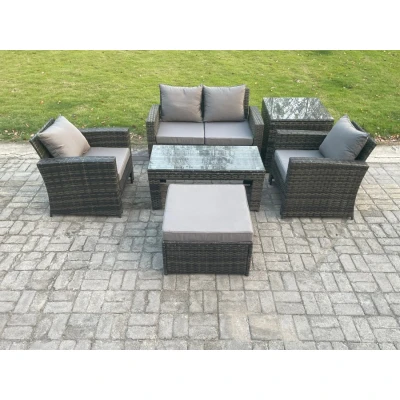 Image of 5 Seater Outdoor Rattan Garden Furniture Set Patio Lounge Sofa with Coffee Table Big Footstool Side Dark Grey Mixed Fimous