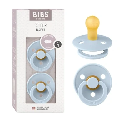 Image of BIBS Colour Soother 2 Pack, BPA Free Dummy Pacifier, Round Nipple. Natural Rubber Latex, Size 1 (0 6 Months), Baby Blue/Baby Blue