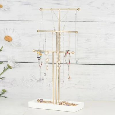 Image of STKMELON 3 Tier Jewelry Holder Display with Ring Tray Organizer Stand for Necklace, Bracelets, Rings
