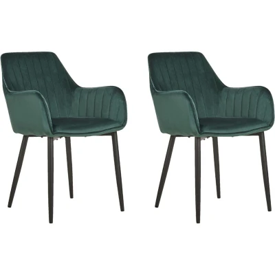 Image of Beliani Modern Set of 2 Velvet Dining Chairs Vertical Stitches Metal Legs Olive Green Wellston