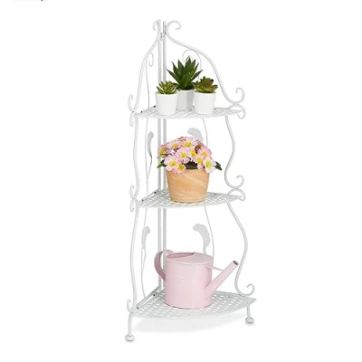 Image of Relaxdays Corner Shelf, Metal, 5 Compartments, Flower, Plant Stand, Foldable, HxWxD: 136 x 30 cm, Vintage, White, Steel