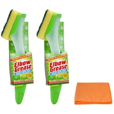 Image of 2X Elbow Grease Fillable Washing Up Brush with Refill Sponge Ergonomic Design Handle Ultra Absorbent Microfibre Cleaning Cloth