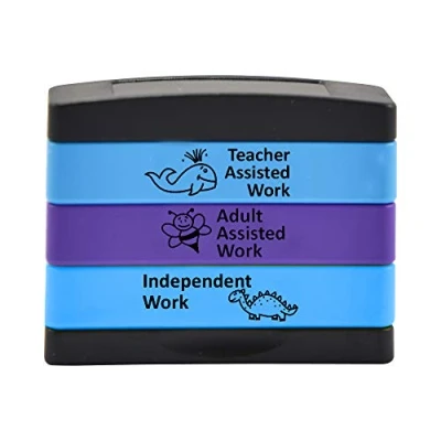 Image of Trodat 3 in 1 School Stamp for Parent Teacher Feedback Assisted or Independent Work Version 1,Multi coloured,Medium