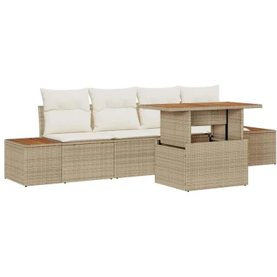 Image of vidaXL 5 Piece Garden Dining Set with Cushions Beige Poly Rattan Acacia