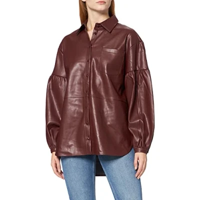 Image of NA KD Women&#039;s Oversized Puff Sleeve PU Shirt, Burgundy, 10 UK