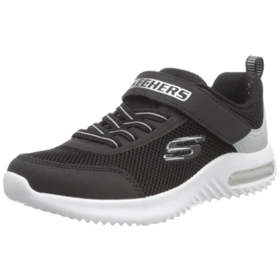 Image of Skechers GORE Strap Overlays Midsole TECH Piece Trainers for kids, Size: 10K, Black &amp; silver synthetic / textile trim Textile/synthetics