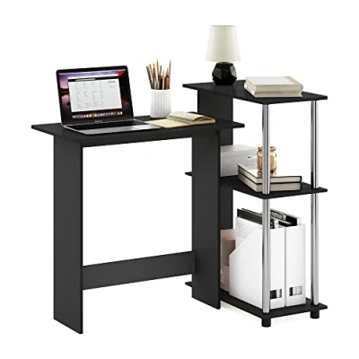 Image of Furinno Corner Computer Desk with Bookshelf, Engineered Wood, Americano/Stainless Steel, 59.99 (D) x 96.9 (W) 84.99 (H) cm