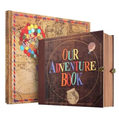 Image of Our Adventure Book, Retro Scrapbook Photo Album, Movie Up Travel Scrap book for Anniversary Wedding Holiday Valentines Day Birthday (Red) … (lock set)
