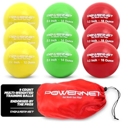 Image of PowerNet 3.2&quot; Weighted Hitting Batting Progressive Training Balls (9 Pack) Build Strength and Muscle Improve Technique Form Softball Size (LITE Pack 12, 14, 16 Ounces)