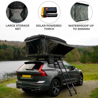 Image of Car Roof Tent Large Hard Shell Box Gas Assisted Pop Up Bunk 2 3 Person 3000mm Waterproof Camping Telescopic Ladder 5.5cm Fitted Mattress Boot Bags Anti Condensation FREE Storage Net &amp; Solar Torch