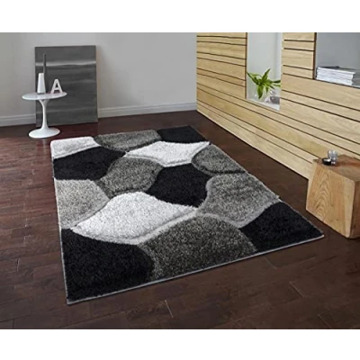 Image of Modern Area Rug, Polypropylene Geometric Super Soft Shaggy Rectangular Mat, for Bedroom, Living Room, Long Hall Runner Carpet, Black Grey, 120x170