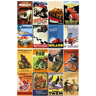 Image of Decoupage Paper Pack (20 Sheets 10x15cm) Vintage Racing Posters Cars Bike FLONZ Ephemera