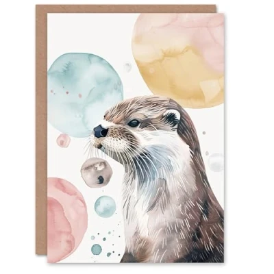 Image of Artery8 Greeting Card Cute Otter Portrait Modern Watercolour Bubbles Blank For All Him Or Her Art Birthday