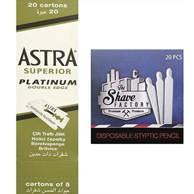 Image of The Shave Factory Ultimate Shaving Kit of 100 Astra Superior Platinum Double Edge Razor Blades with 20 Free Styptic Matches Smooth Shaves and Quick Relief Combo