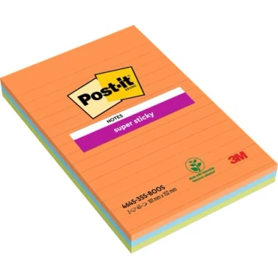 Image of Post it Super Sticky Notes, Boost Colour Collection, lined, 101 mm x 152 mm, 45 Sheets/Pad, 3 Pads Self stick Notes For Note Taking, To Do Lists &amp; Reminders