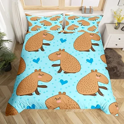 Image of Cute Cartoon Capybara Duvet Cover Set Single Size, South America Fauna Comforter with 1 Pillowcase, Blue Hearts Dots Print Bedding 2pcs for Kids Boys Girls Lightweight Bedspread