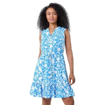 Image of Roman Petite Womens Ditsy Floral Frill Hem Shirt Dress Blue Size 18 UK