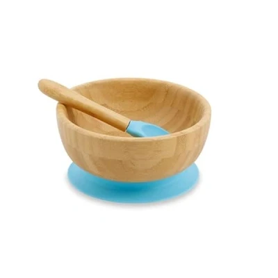 Image of BIOZOYG Bamboo Bowl Set Round I Suction Cup with Spoon FSC Certified Great Wooden f. Kids Baby Porridge &amp; Cereal Tableware Blue
