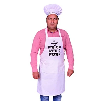 Image of Sterling Smart® Mens Cotton APRON &amp; Hat Set Cooking Chef Kitchen Novelity BBQ Funny Novelty Grilling Ideas BAKEWARE (Prick with Fork White Set)