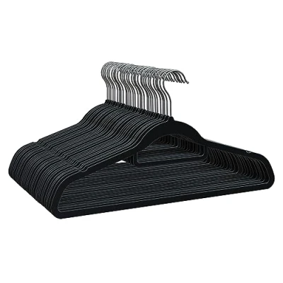 Image of PORTENTUM Velvet Hangers, Pack of 30, Black. Accessory Holder, 360º Swivel Hook, Space Saving, Notches For Dresses, Non slip Clothes all Types Clothes, Made in Spain