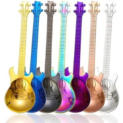 Image of Guitar Coffee Teaspoons, 7pcs Colorful Stainless Steel Musical Spoons Cute Tea Set Stirring/Mixing/Sugar/Dessert/Jam/Ice Cream Spoon