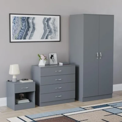 Image of Vida Designs Riano 3 Piece Bedroom Furniture Set, 2 Door Wardrobe, 4 Drawer Chest Of and 1 Bedside Cabinet (Grey)