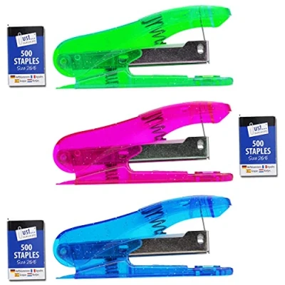 Image of Metallic Stapler &amp; 500 Spare 26/6 Staples Set in Assorted Glitter Colours, School Work Office Pocket Desktop Paper Stationery