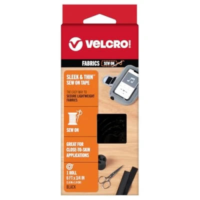 Image of VELCRO Brand Sleek and Thin for Fabrics 6ft x 3/4in Tape, Black Soft on Skin Ultra Light with Sewing Lane Technology, VEL 30185 USA, Polyethylene