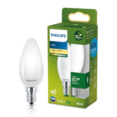 Image of PHILIPS LED Light Bulb Classic, UltraEfficient, 40W, 485Lm, B35, E14 2700K, Frosted Glass, Warm White