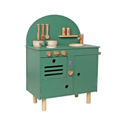 Image of HYGRAD Kids Large Wooden Kitchen Play Set And Accessories Life Size Childrens Wood Pretend Vintage Style Role With Utensils (Green)
