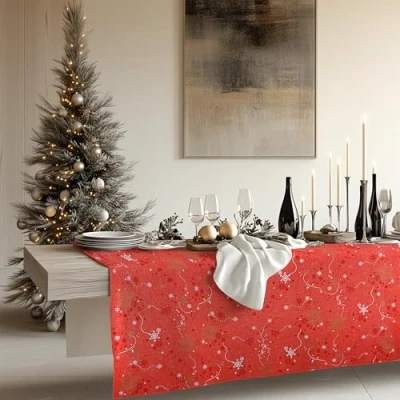 Image of KP HOME PVC Table Cloth Wipe Clean Tablecloth in Red With Gold Snowflakes Christmas Waterproof and Wipeable Rectangular 250 x 140 Plastic Cover Large Xmas Vinyl 8 Seat Oilcloth