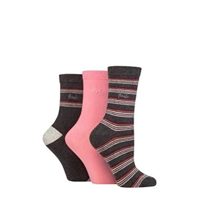 Image of Women&#039;s 3 Pair Pringle Patterned Cotton and Recycled Polyester Socks Multi Colour Stripes Charcoal 4 8 Ladies