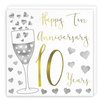 Image of Hunts England 10th Wedding Anniversary Card Happy Tin 10 Years Silver Hearts Collection For Couple, Husband, Wife, Friends