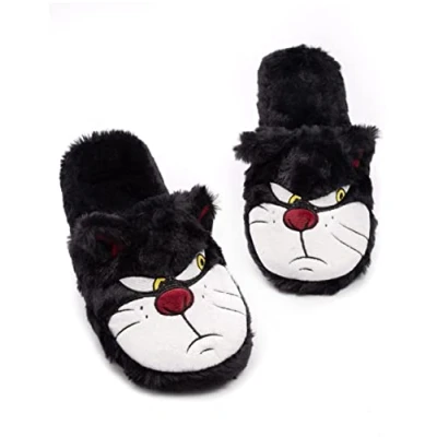 Image of Disney Cinderella Lucifer Slippers For Women Ladies Fluffy Cat with 3D Ears Black House Shoes Foam Slip On Merchandise 7 8 UK