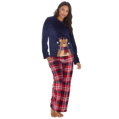 Image of INSIGNIA Ladies Bear Owl Penguin Long Sleeve Fleece Pyjamas Winter Warm Lounge Wear (UK, Alpha, S, Regular, Blue Bear)