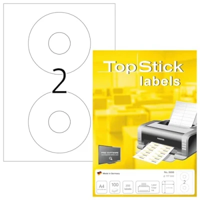 Image of TopStick Self Adhesive Full Face CD Labels, 2 Labels per A4 Sheet, 100 Sheets, Ø 117 mm, 200 Blank Opaque DVD Stickers, Sticky for Laser &amp; Inkjet Printer, White