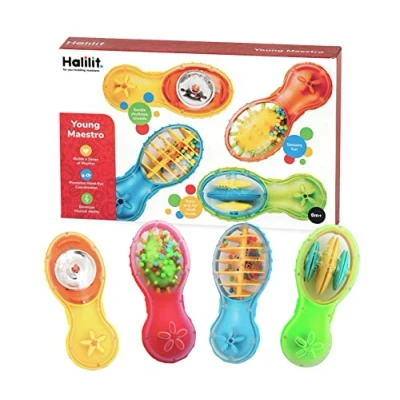 Image of Halilit Young Maestro Gift Set. 4 Durable Real Musical Instruments. Easy Grip Shaker Rattles for Babies. BPA Free. Baby Sensory Fun. 6 Months +