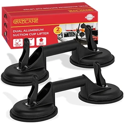 Image of GADLANE Dual Aluminium Suction Cups Heavy Duty 2 Pack Suckers for Glass, Tiles, Slabs Twin Glass Up To 100kg of Elevation Lifters 11.9cm Diameter Black (Pack 2)
