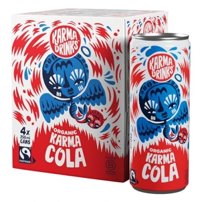 Image of Karma Drinks Cola (250ml x 4 Cans Soft Drink) Organic, Gluten Free Organic Cola, Natural Ingredients, FairTrade, Vegan Friendly, No GMO, Carbonated Fizzy Pack