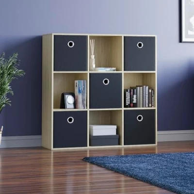 Image of Vida Designs Durham Cube Bookcase Storage Organiser Living Room Bookshelf Home Office Furniture (9 &amp; 5 Black Baskets, Oak)