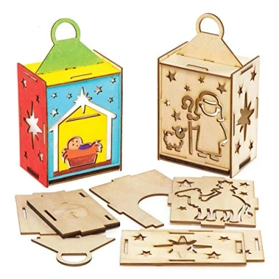 Image of Baker Ross AX558 Christmas Nativity Wooden Lantern Kits Pack of 3, Woodcraft Colour in Painting for Kids Art Activities This Festive Season